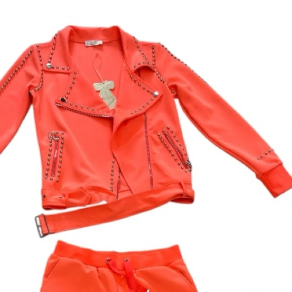 Women's Orange Studded Moto Jogger Set